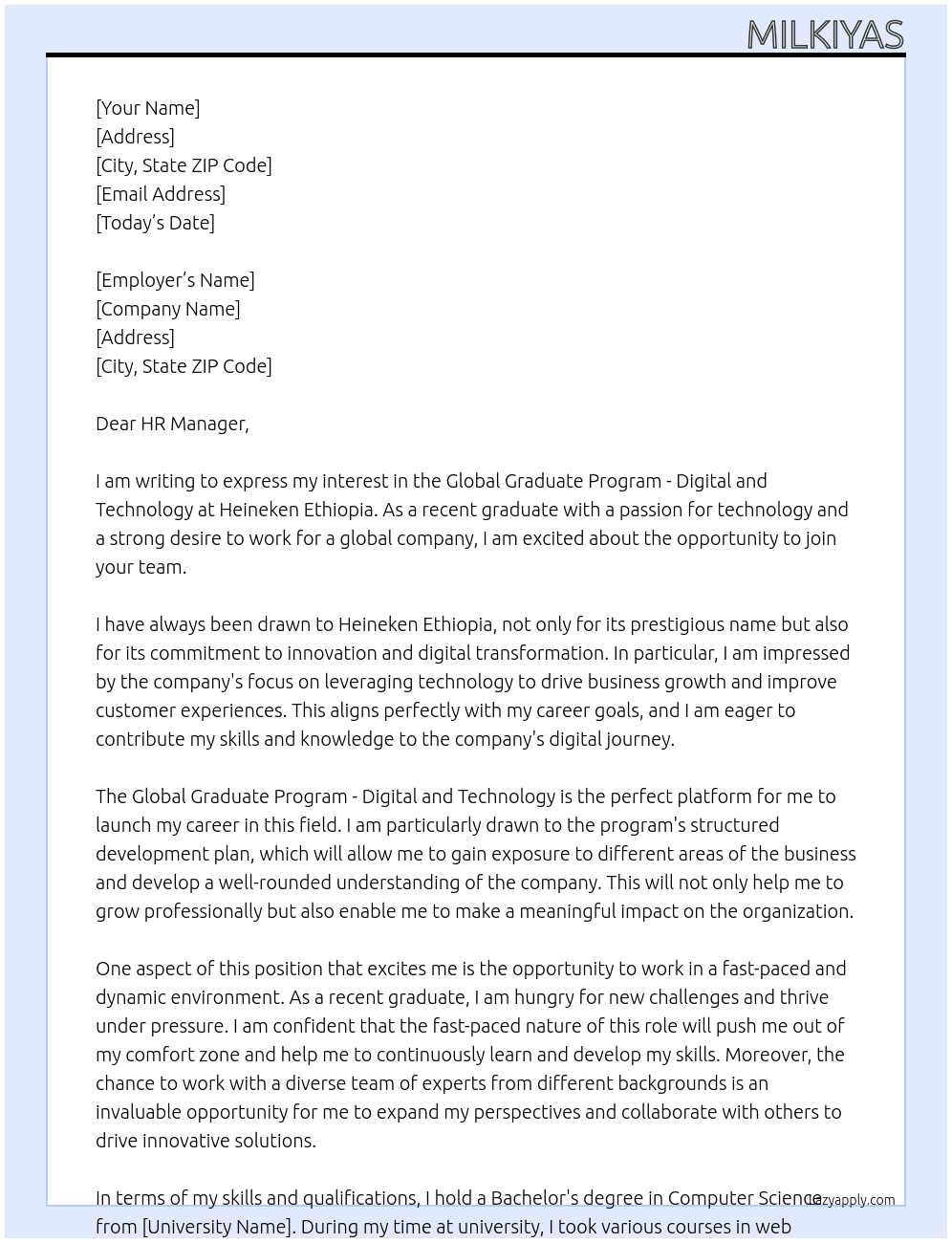 Cover letter for global graduate program - digital and technology - LazyApply