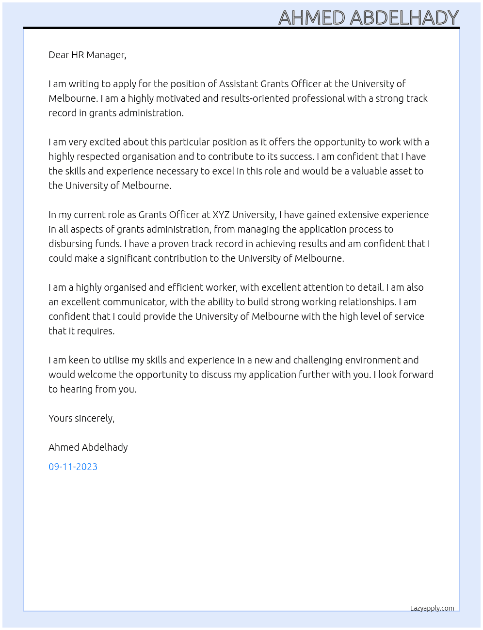 Assistant Grants Officer At University of Melbourne Cover Letter