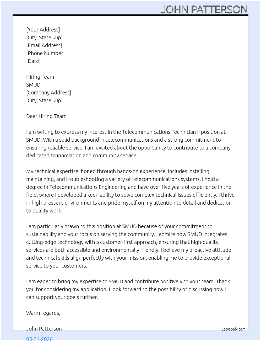 telecommunicatons technician II At SMUD Cover Letter