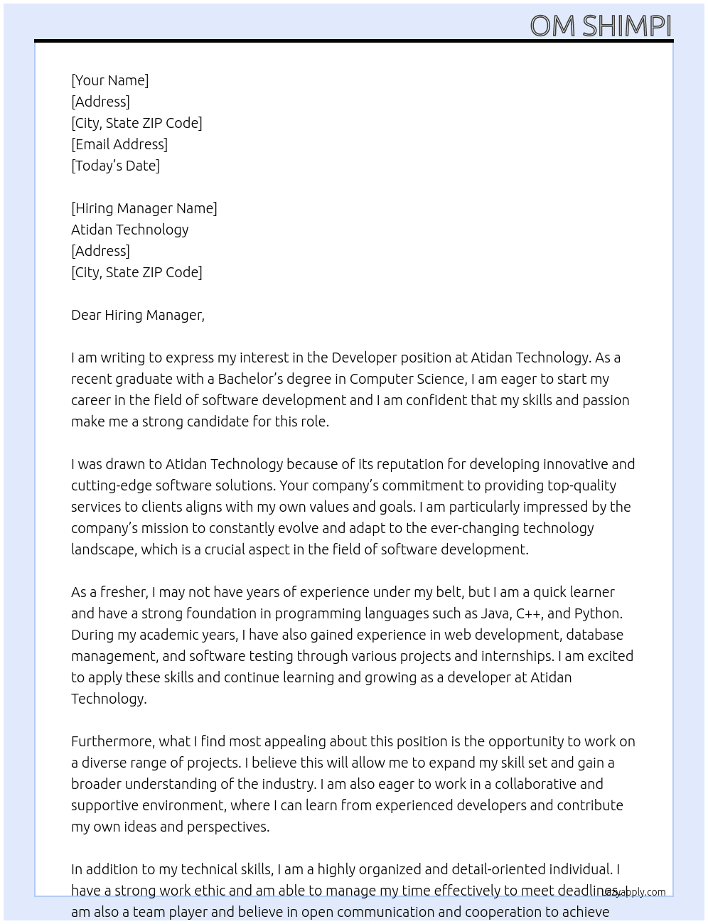 Developer - Fresher At Atidan Technology Cover Letter