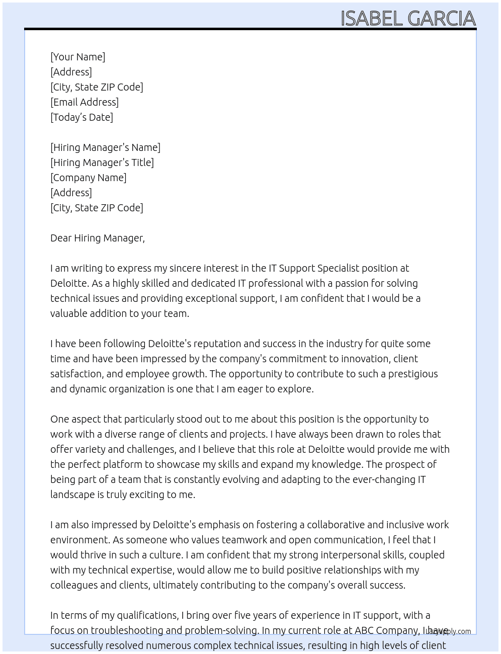 IT Support Specialist At Deloitte Cover Letter