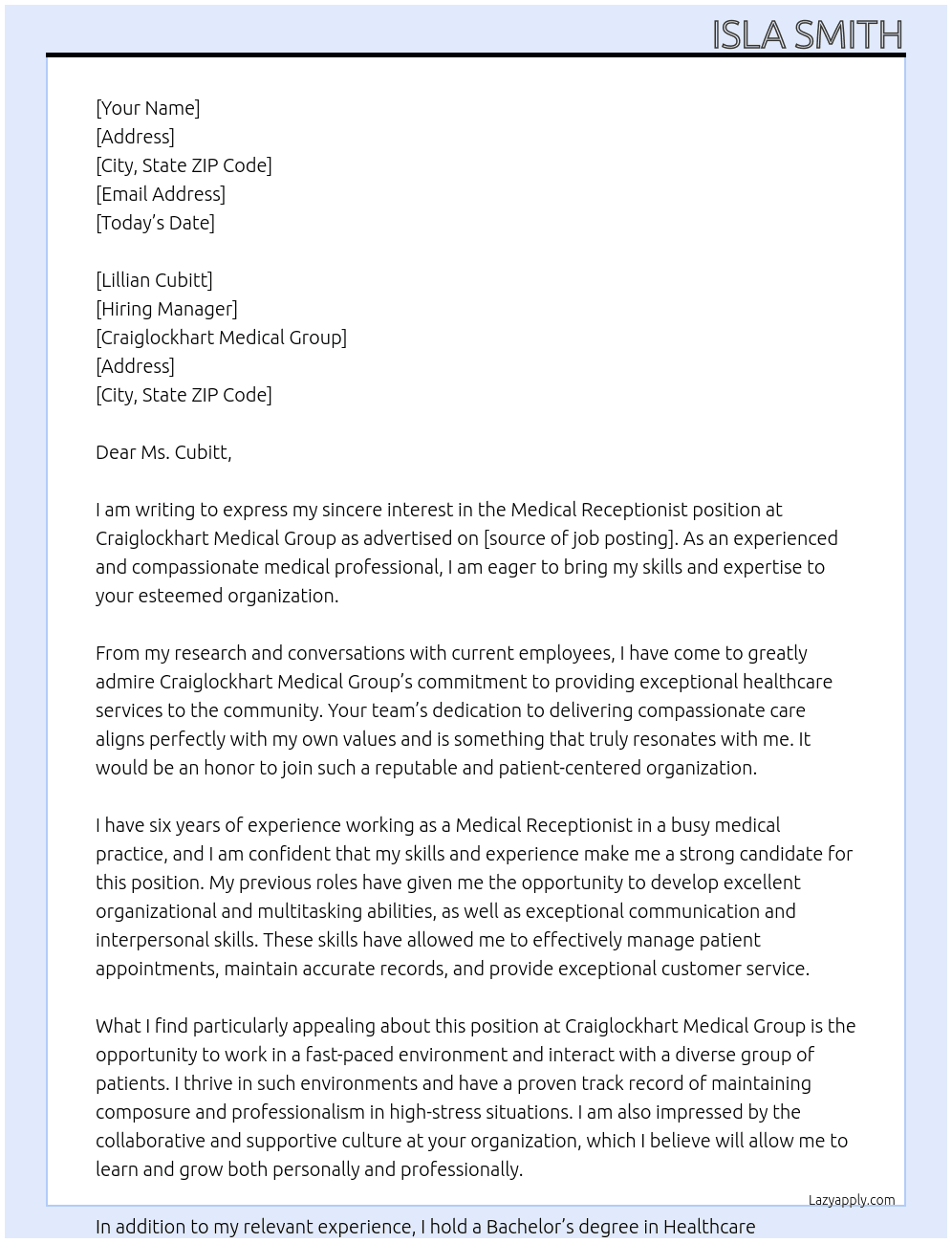Medical Receptionist At Craiglockhart Medical Group Cover Letter