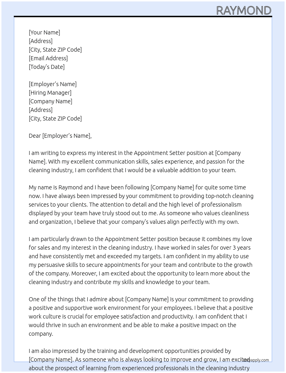 appontment setter At cleaning business Cover Letter