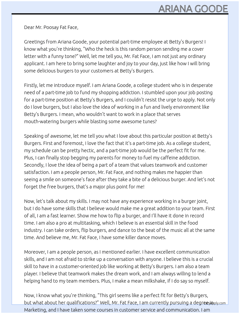part time employmrnt At Betty's Burgers  Cover Letter