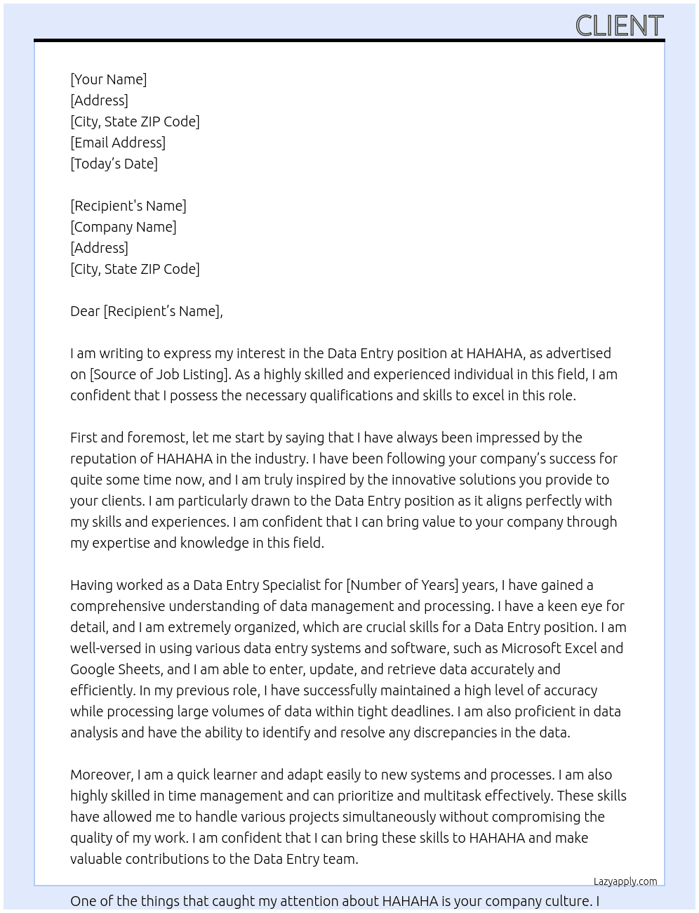 Data Entryy At HAHAHA Cover Letter