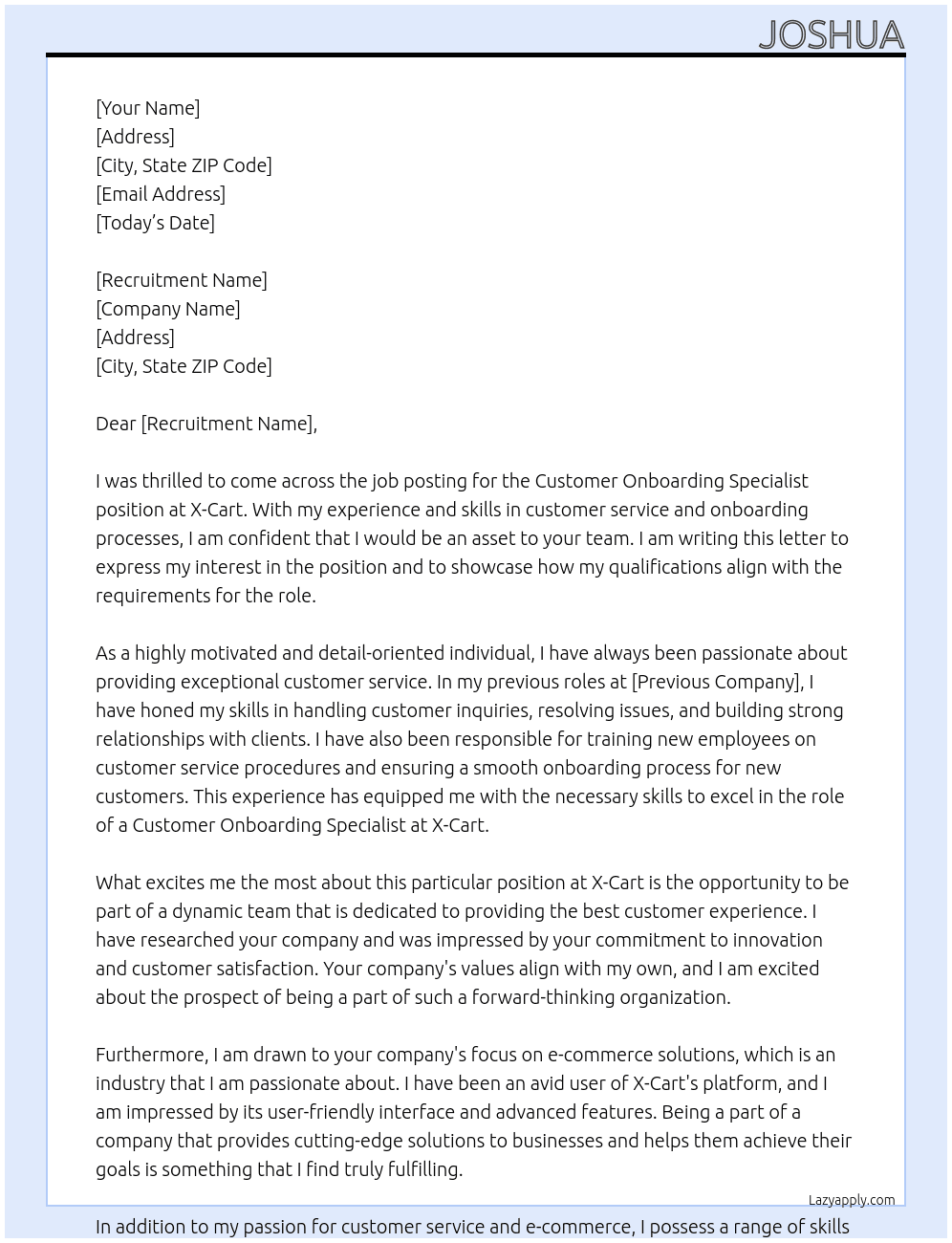 Customer Onboarding Specialist  At X-Cart Cover Letter