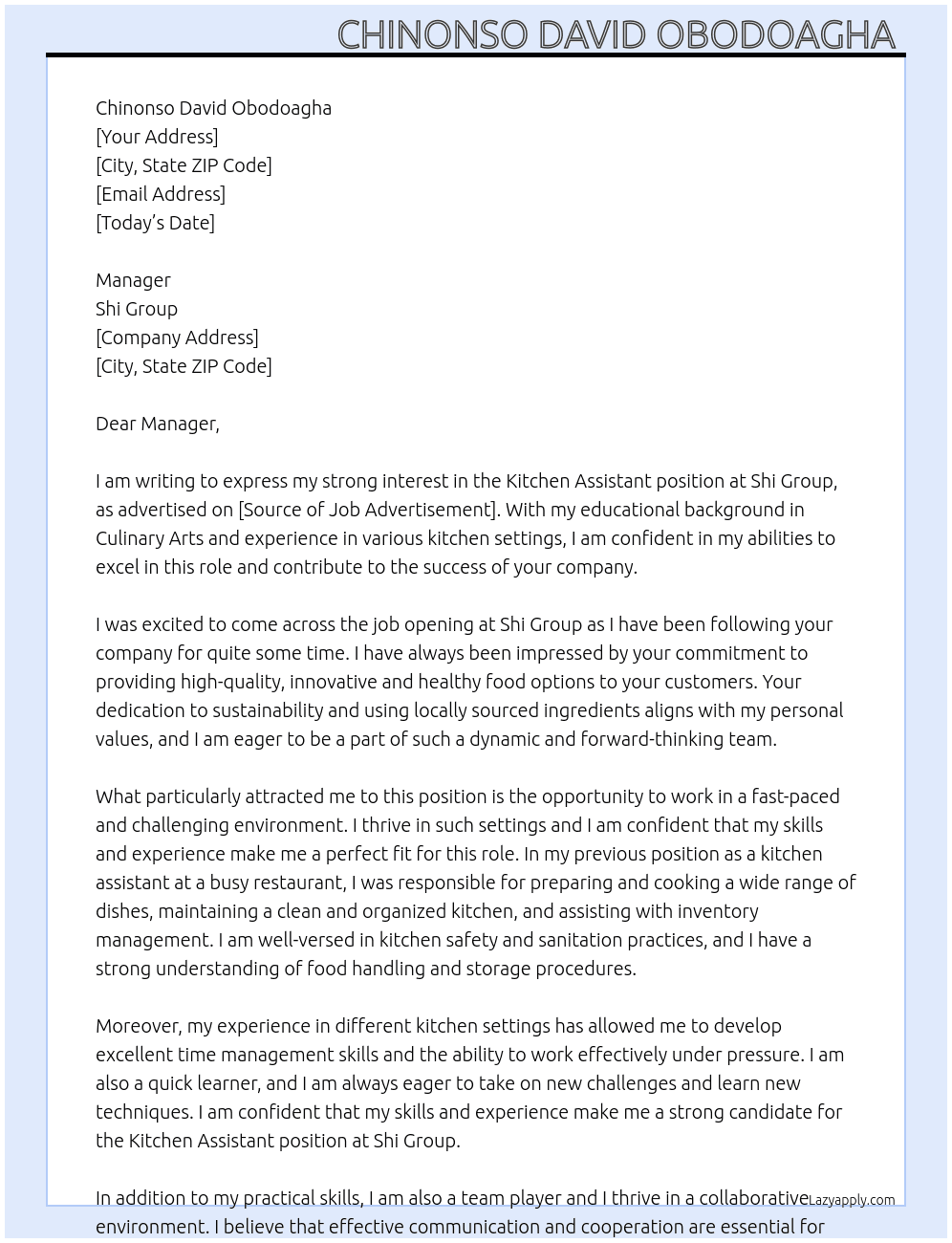 Kitchen assistant  At Shi Group  Cover Letter