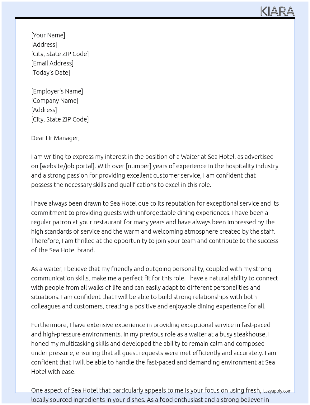 Waiter At Sea hotel Cover Letter