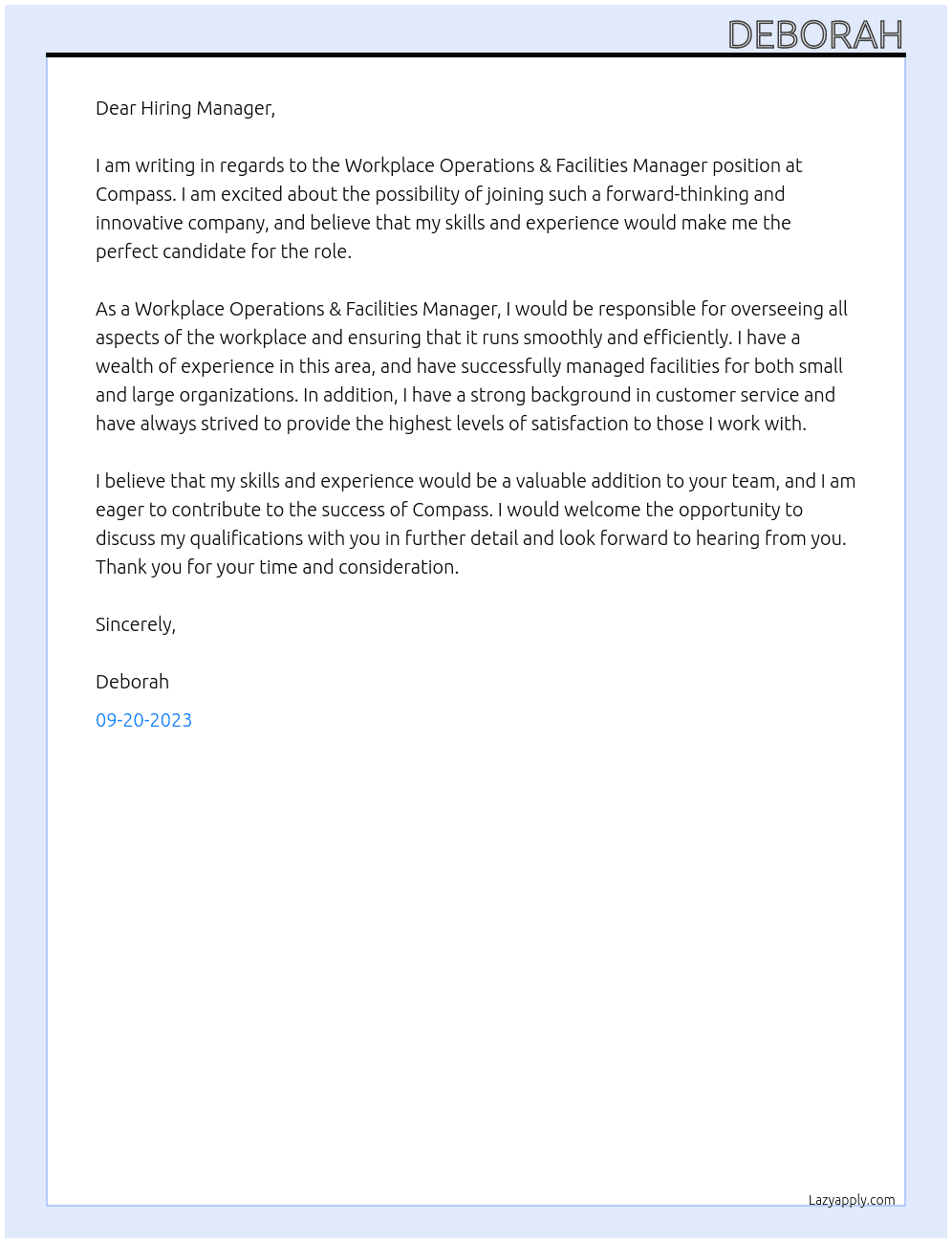 Workplace Operations & Facilities Manager At Compass Cover Letter