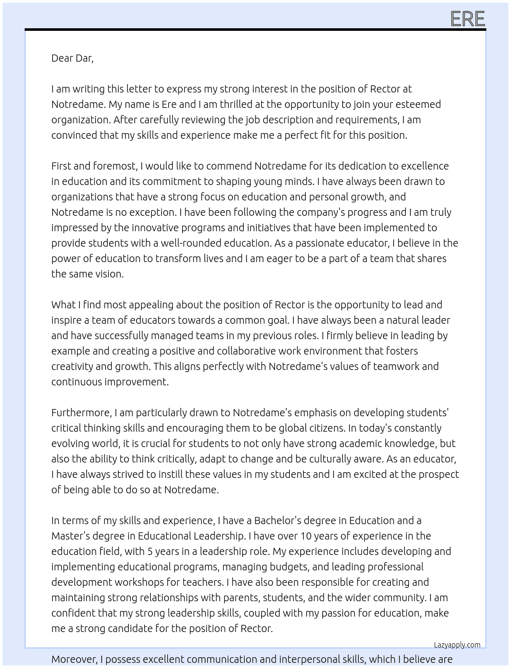 rector At notredame Cover Letter