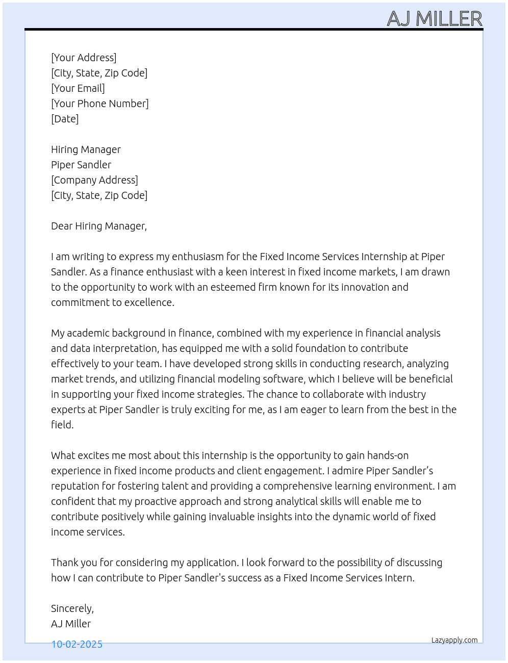Fixed Income Services Internship At Piper Sandler Cover Letter