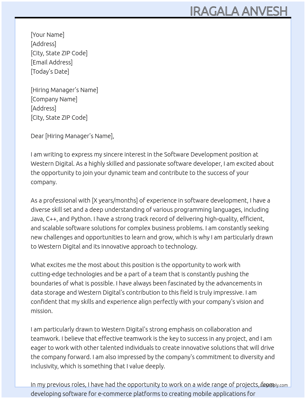 Software development  At Western digital  Cover Letter
