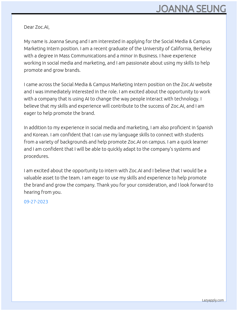 Social Media & Campus Marketing Intern At Zoc.AI Cover Letter