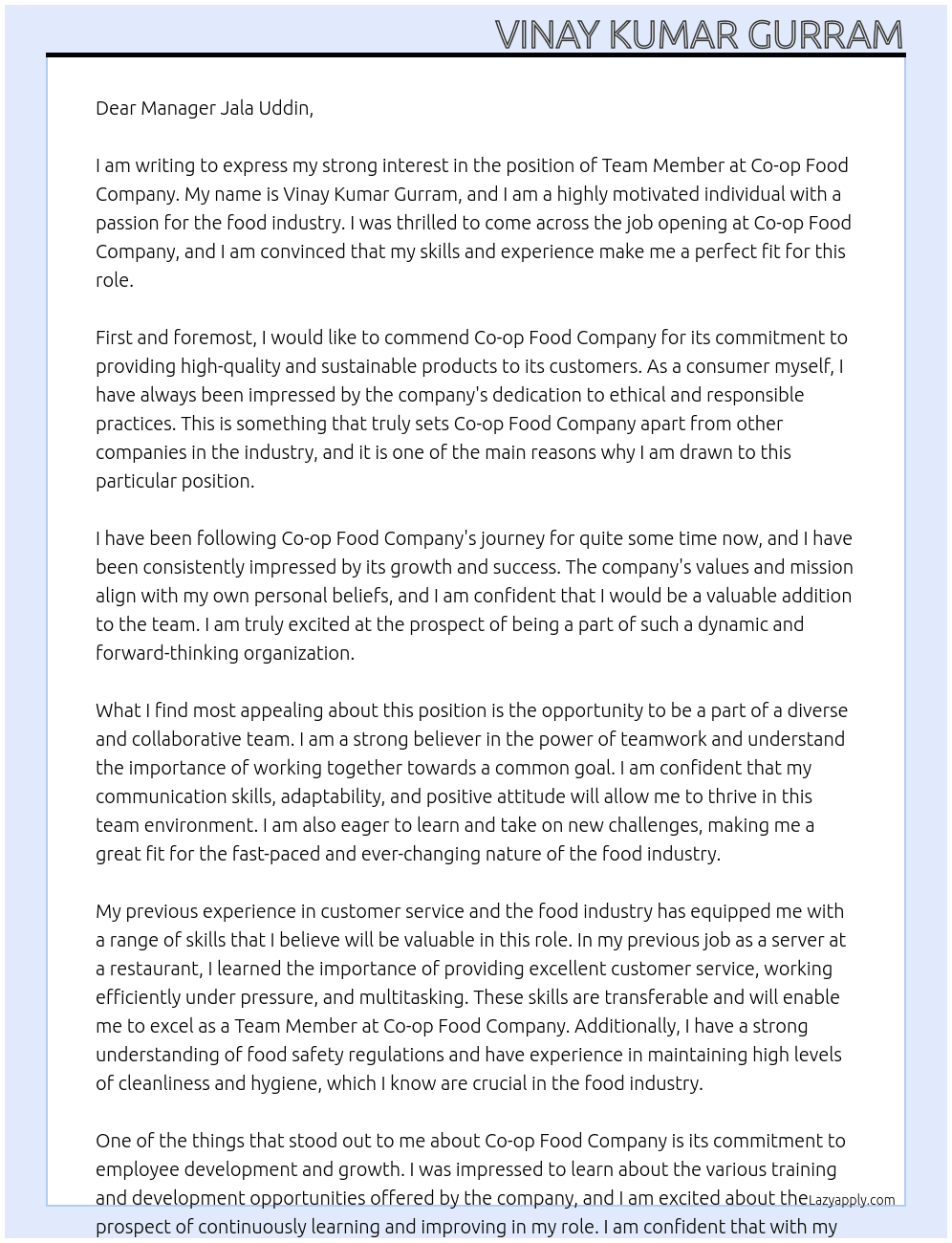 Team member At Co-op food company  Cover Letter