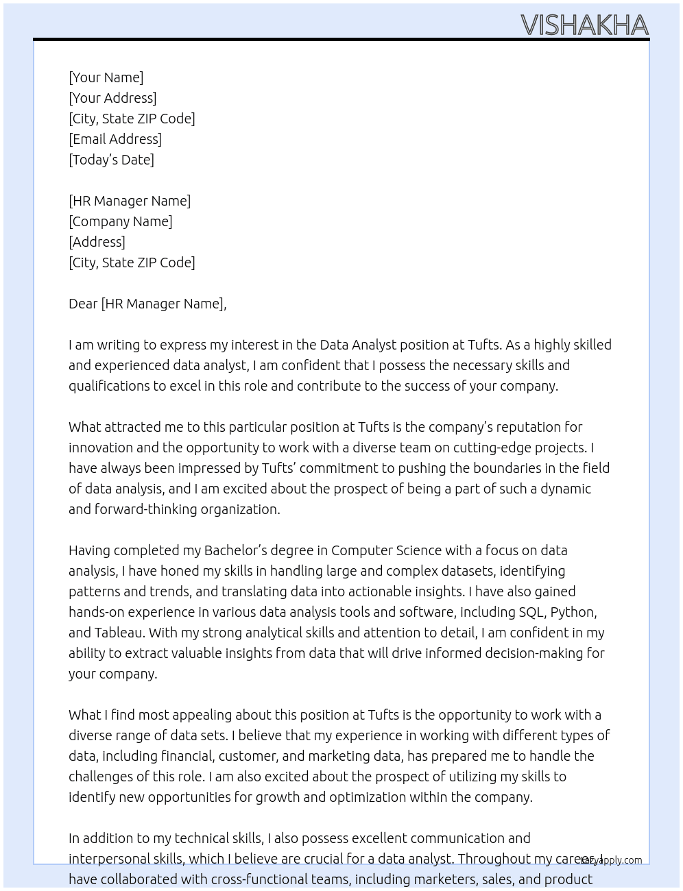 Data Analyst At Tufts Cover Letter