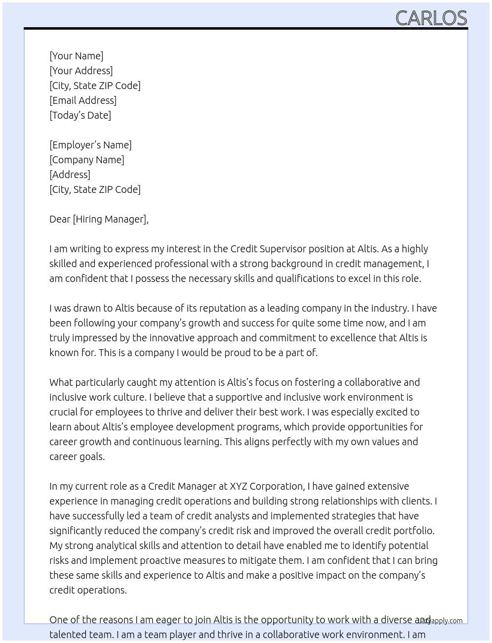 Credit Supervisor At Altis Cover Letter