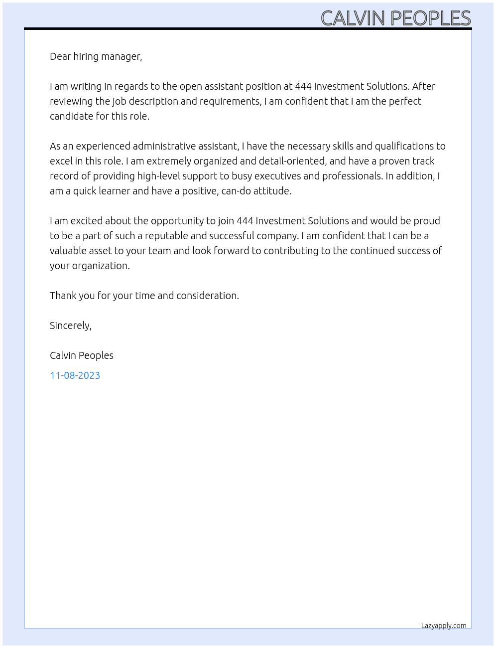 Assistance At 444 Investment Solutions Cover Letter