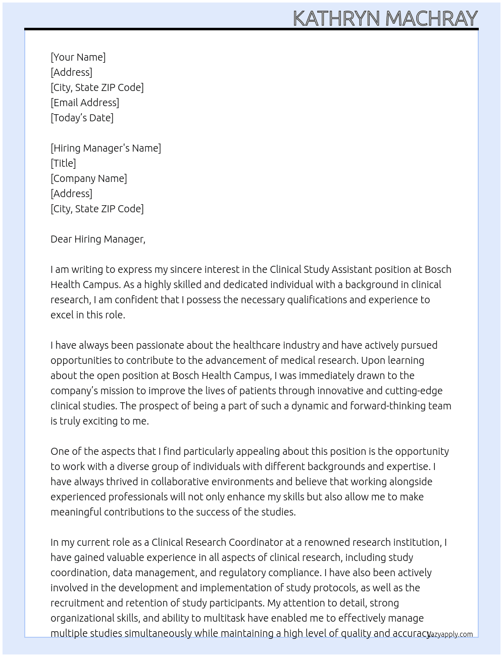 Clinical Study Assistant At Bosch Health Campus Cover Letter