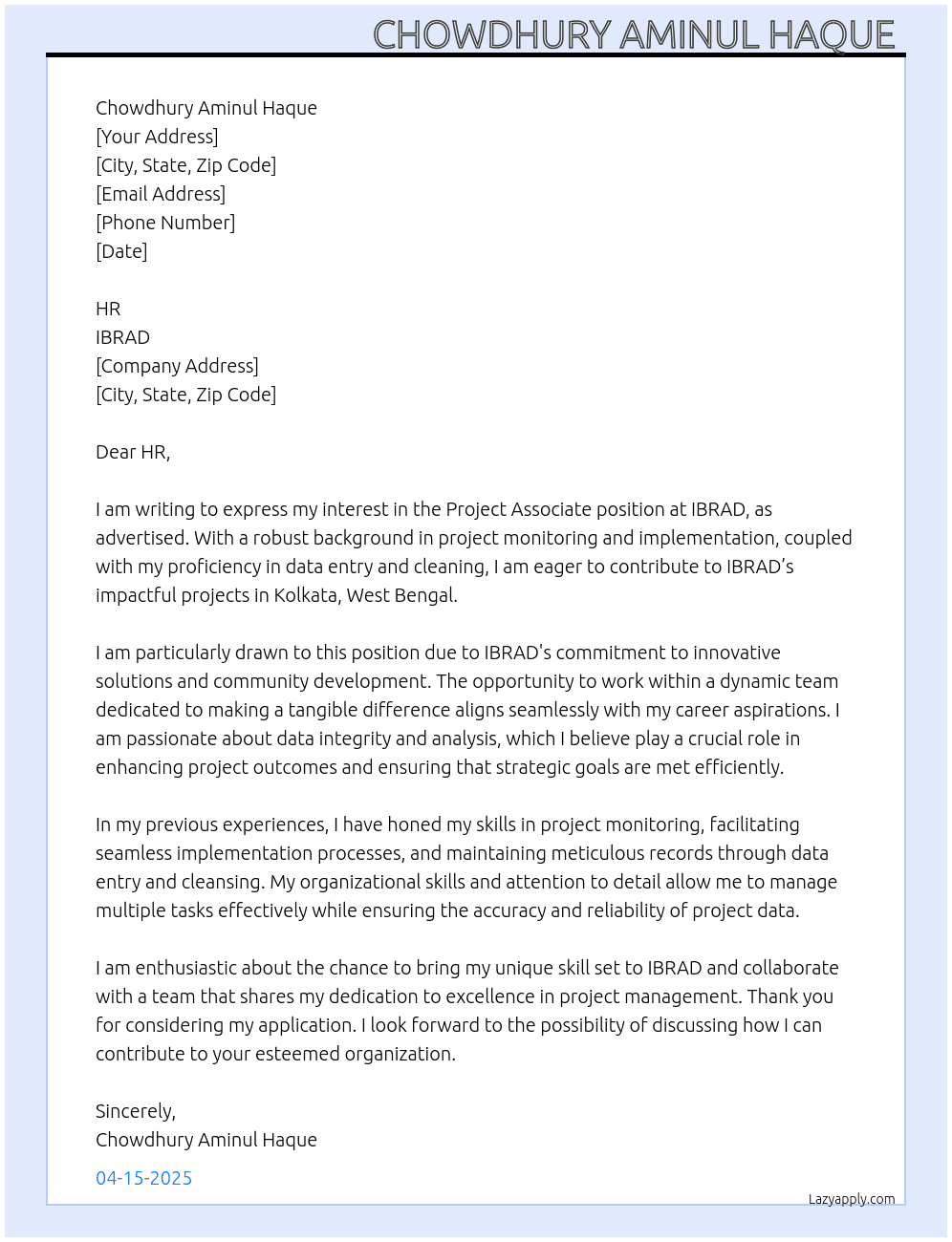 Project Associate At IBRAD Cover Letter