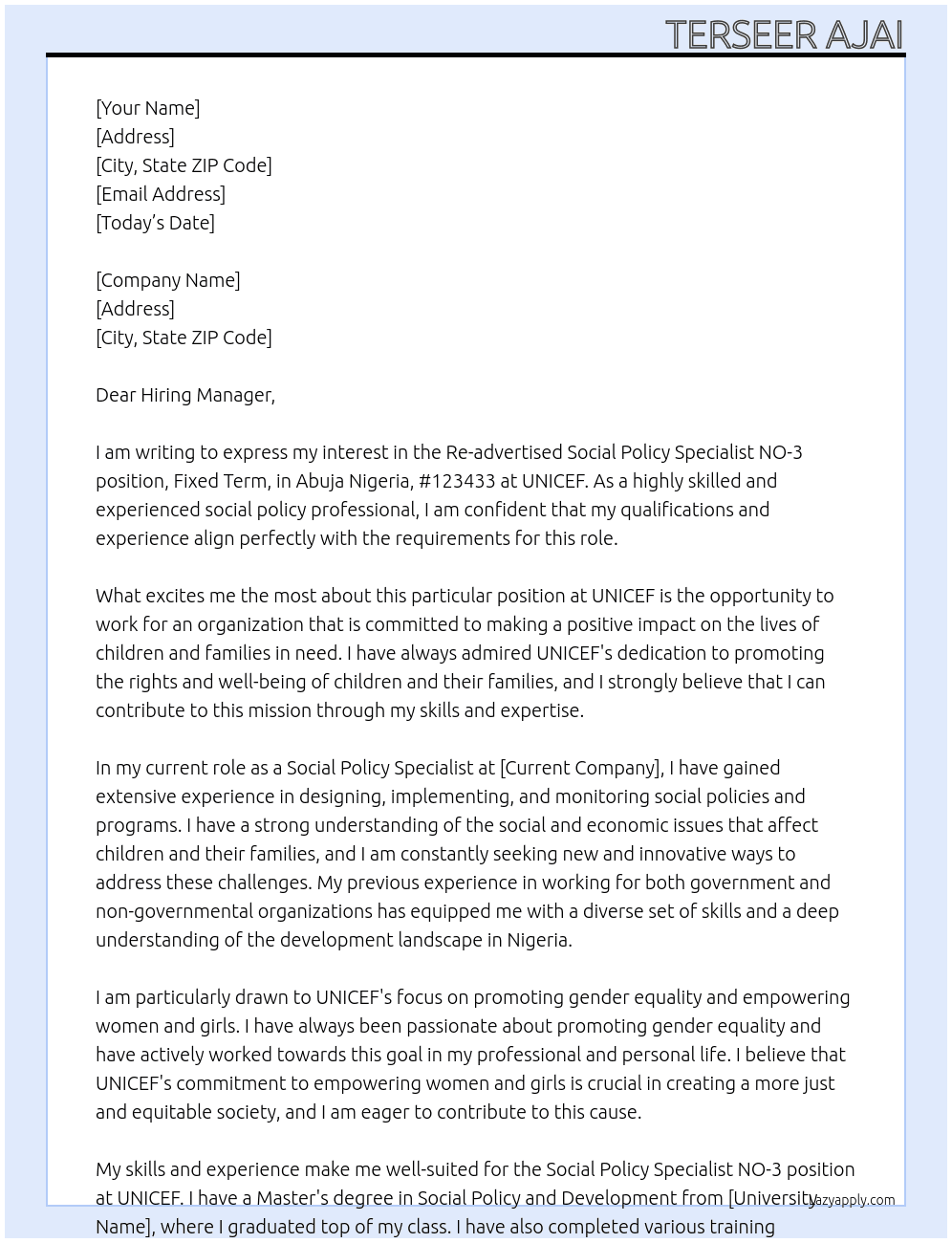 Cover letter for re-advertised - social policy specialist no-3, fixed term, abuja nigeria #123433 - LazyApply