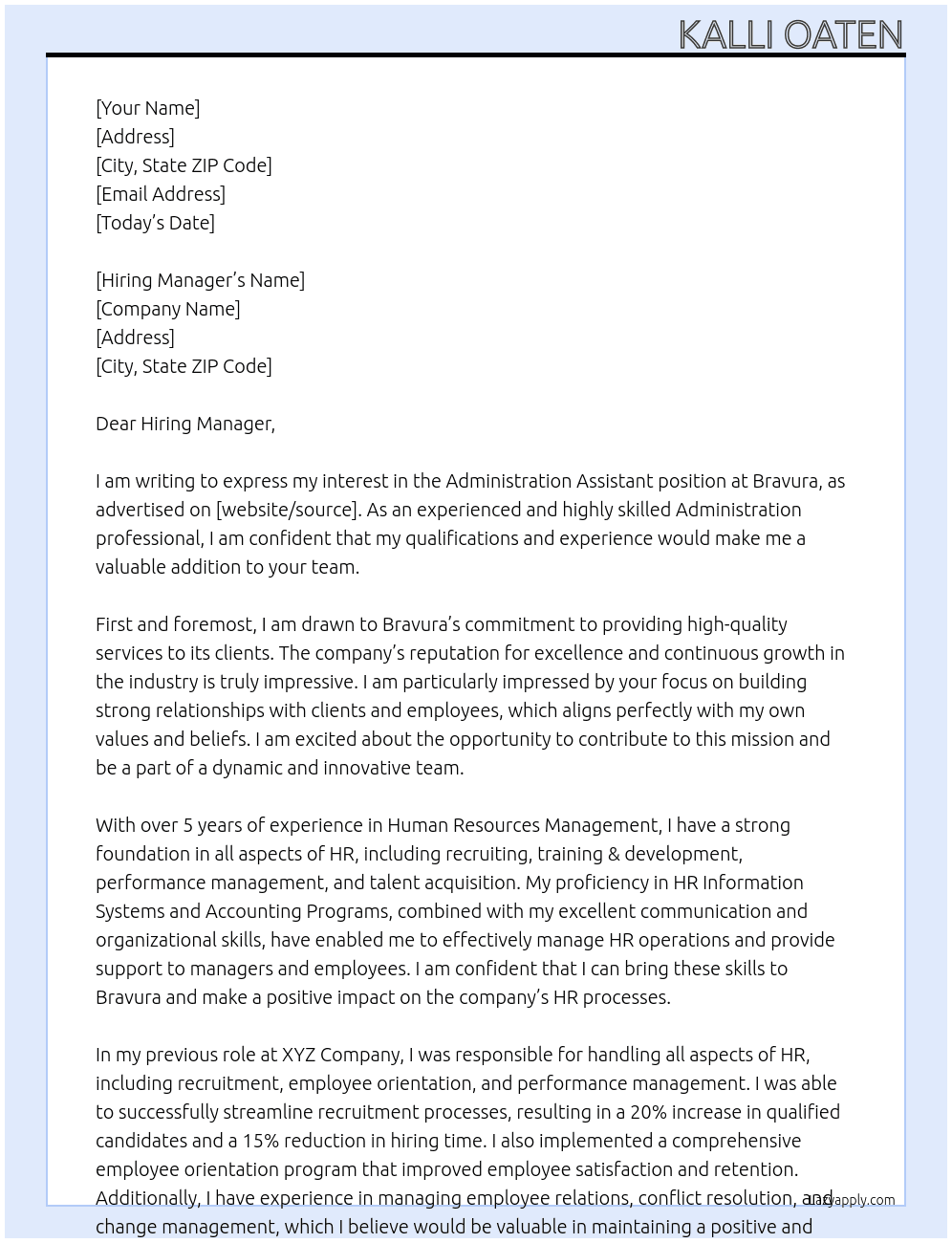 Administration Assistant At Bravura Cover Letter
