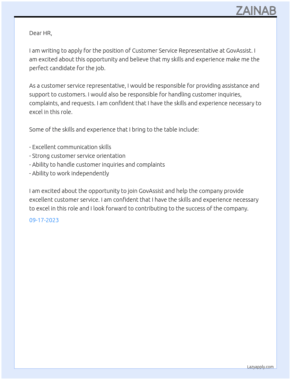  Customer Service Representative At GovAssist Cover Letter