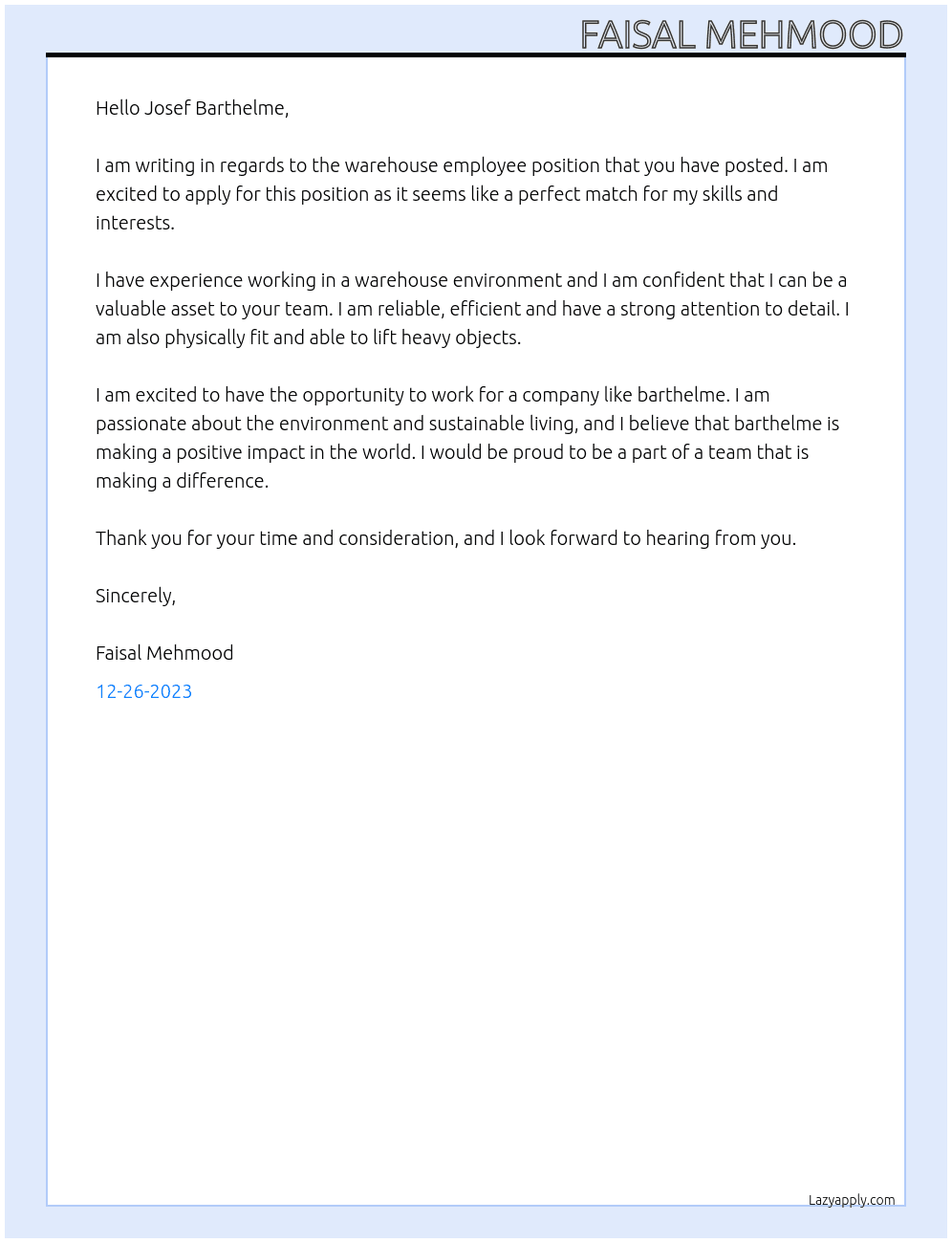 Warehouse employee At barthelme Cover Letter