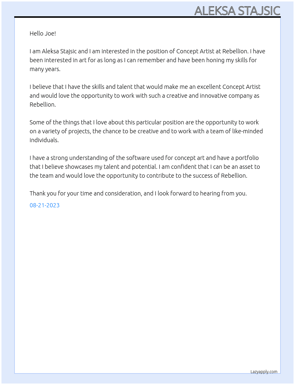 Concept Artist At Rebellion Cover Letter