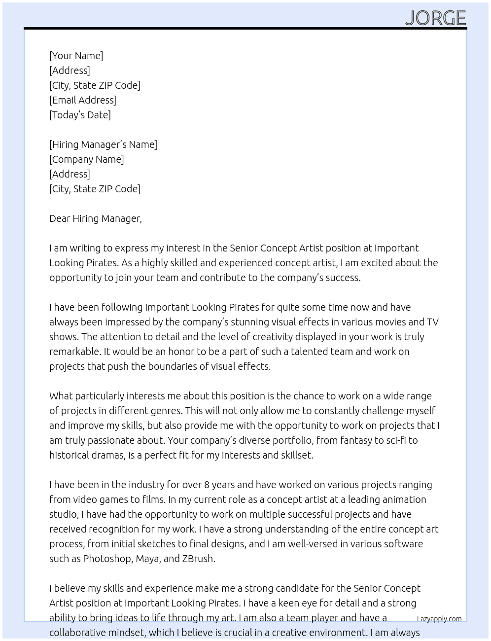Senior concept artist  At Important looking pirates Cover Letter