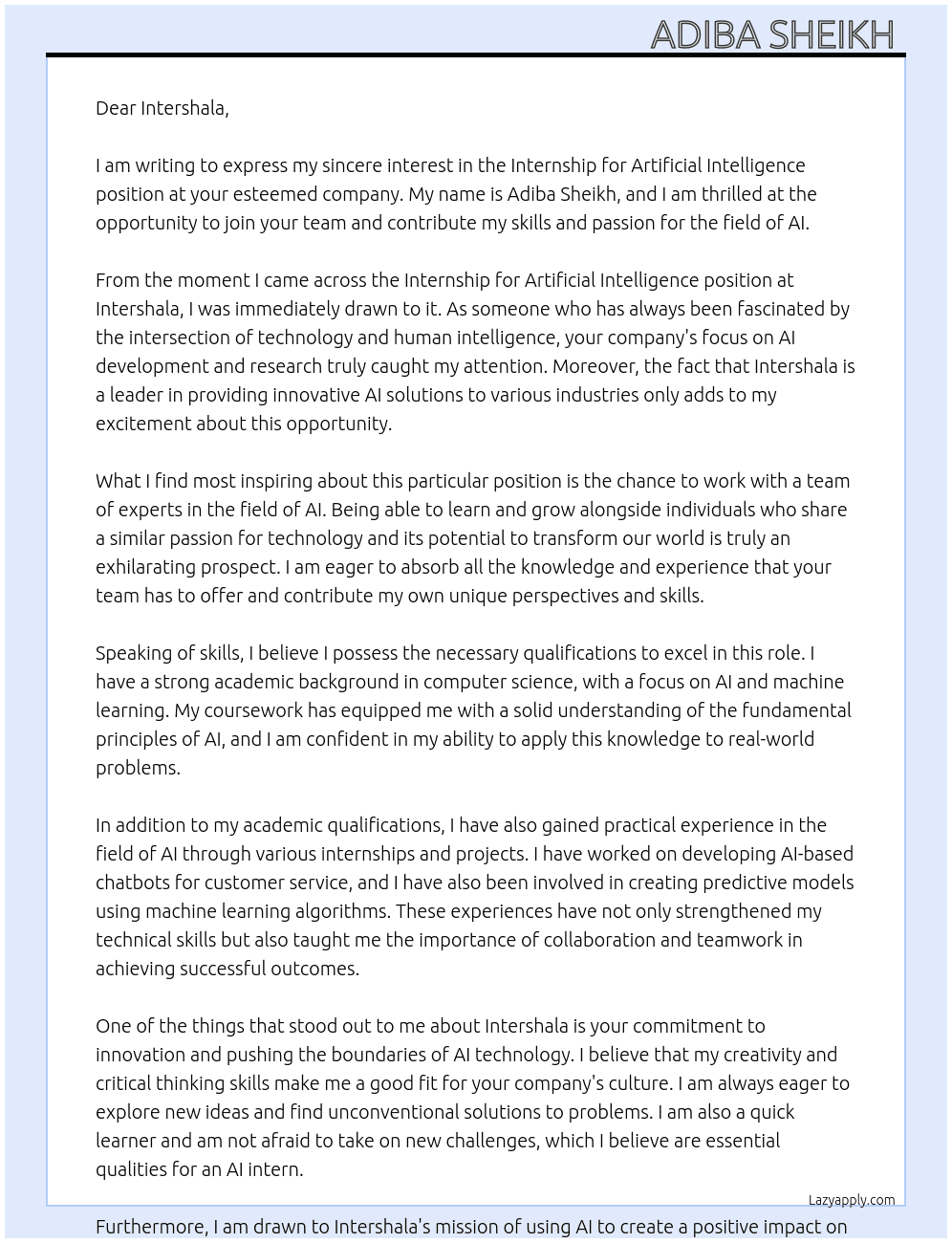 Internship for artificial intelligence  At Intershala Cover Letter