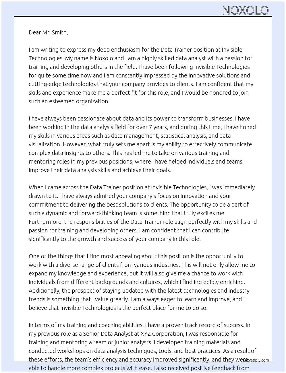 Data Trainer  At Invisible Technologies  Cover Letter