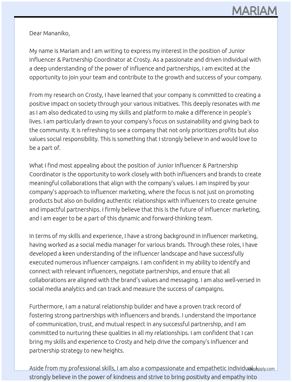 Junior influencer & partnership coordinator  At Crosty Cover Letter