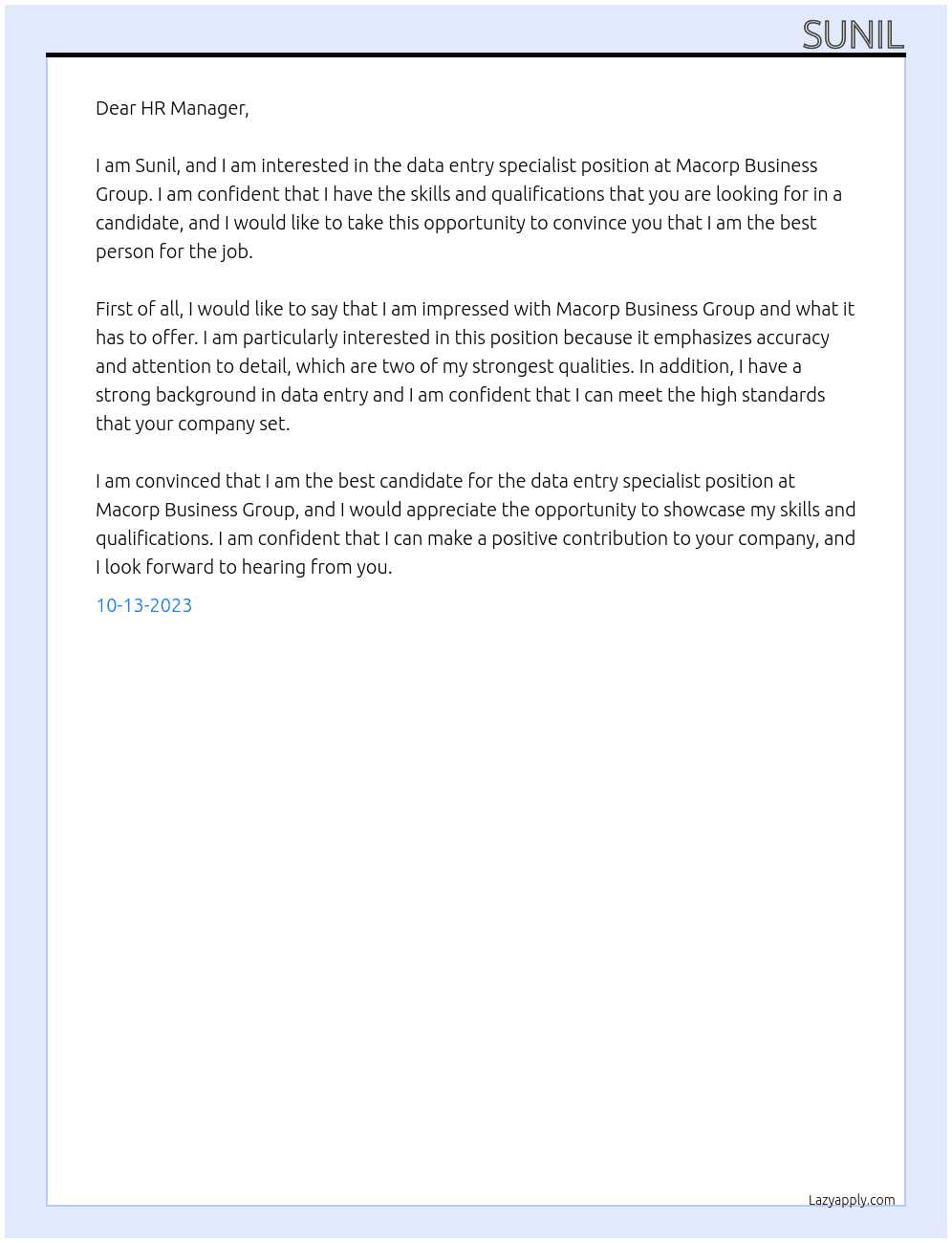 Data entry specialist At Macorp Business Group Cover Letter