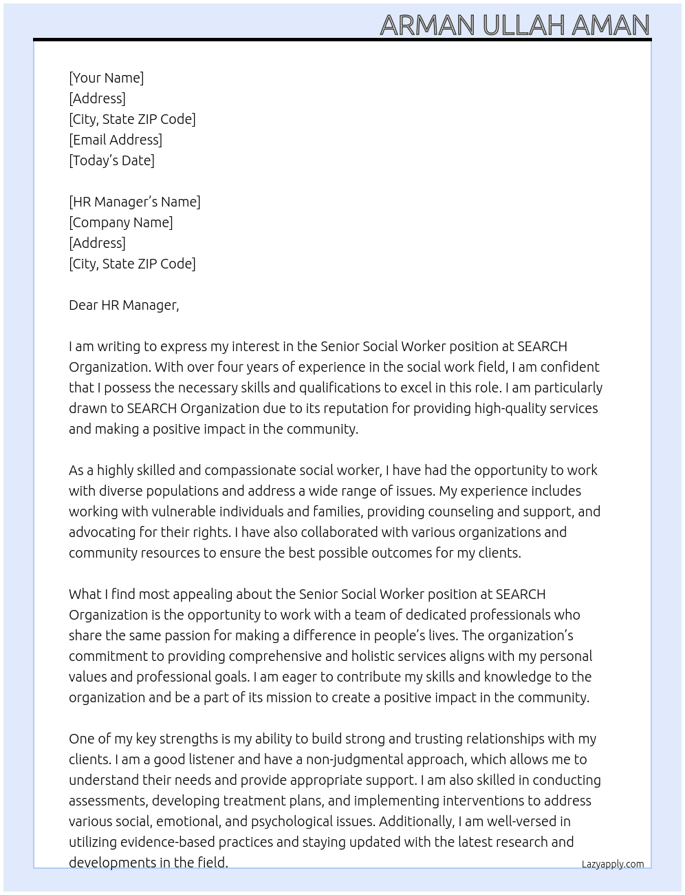 Senior Social Workers At SEARCH Organization,  Cover Letter