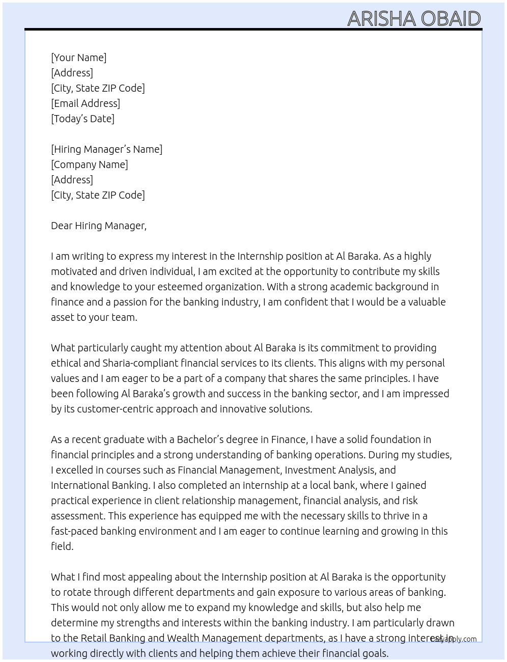 Internship in bank At Al baraka Cover Letter