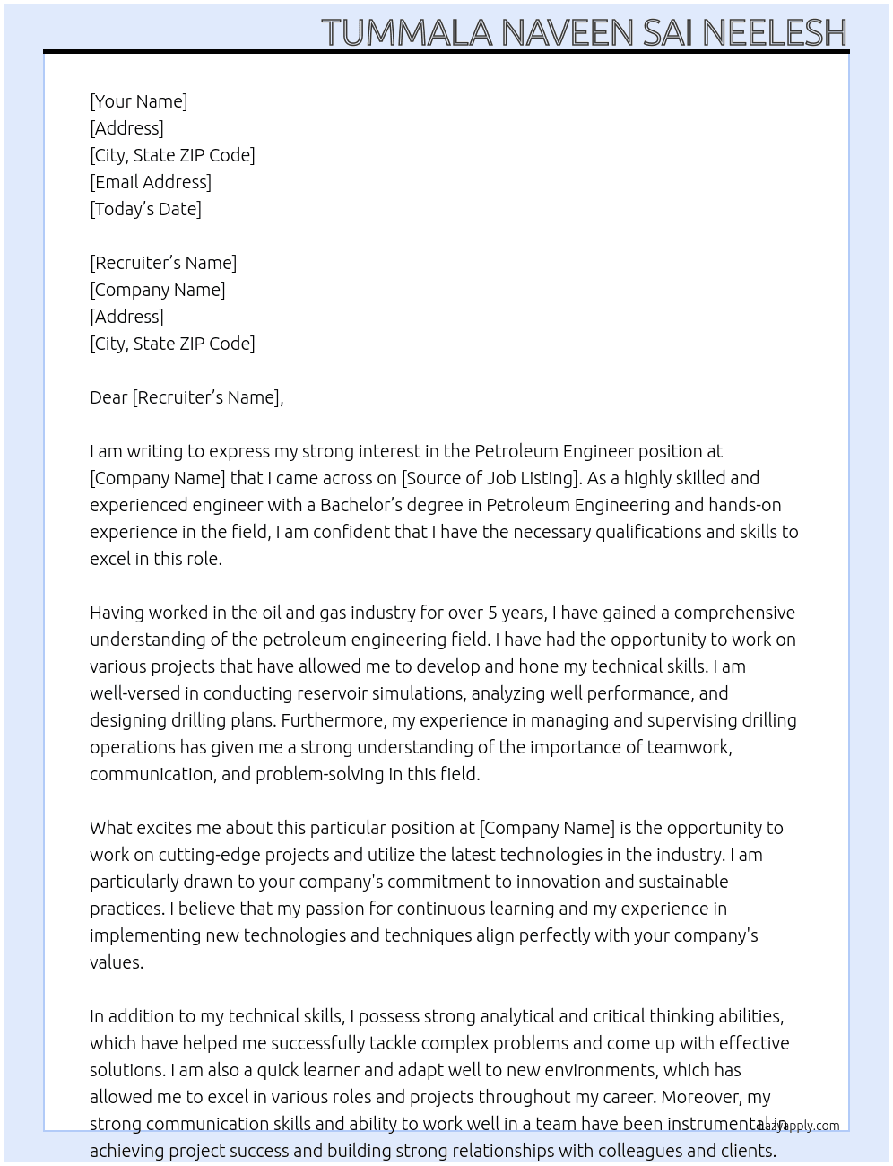 Petroleum engineer At Organisation Cover Letter