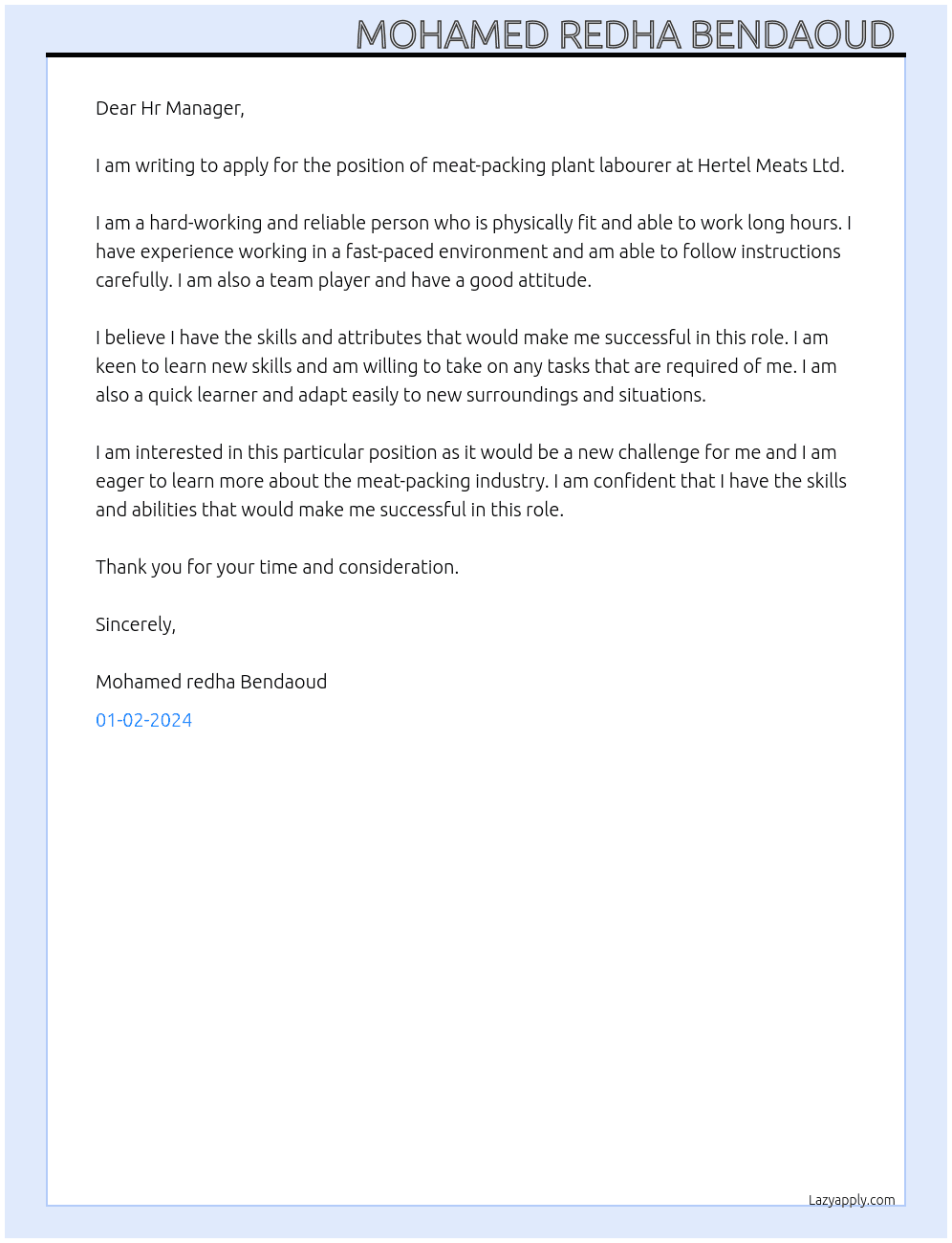 Meat-packing plant labourer At Hertel Meats Ltd.  Cover Letter