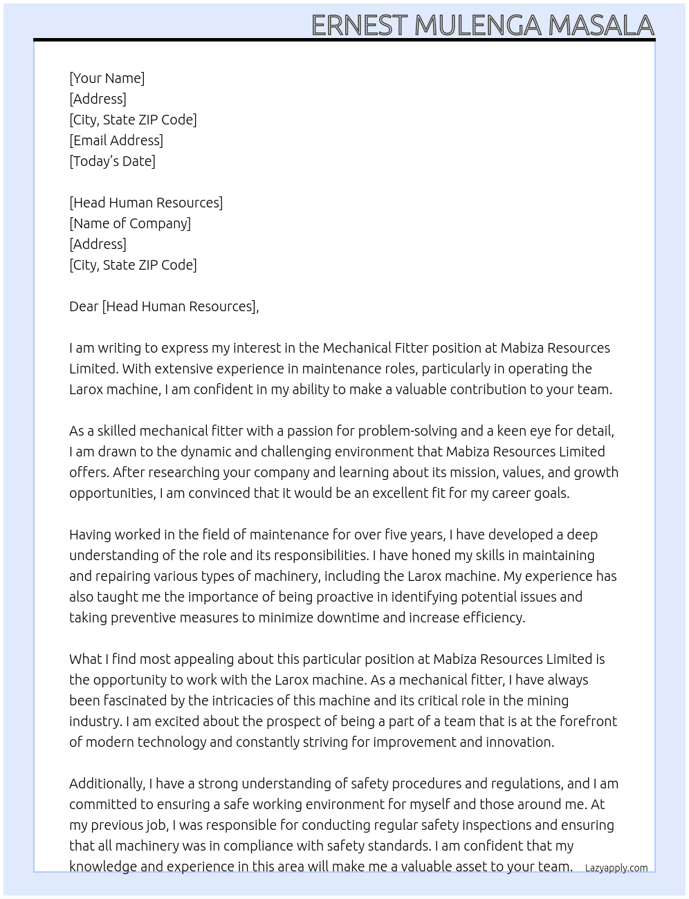 Mechanical fitter At Mabiza resources limited Cover Letter