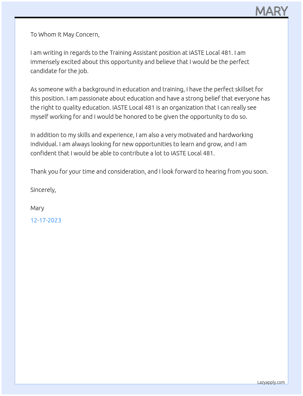 Training Assistant  At  IASTE Local 481 Cover Letter