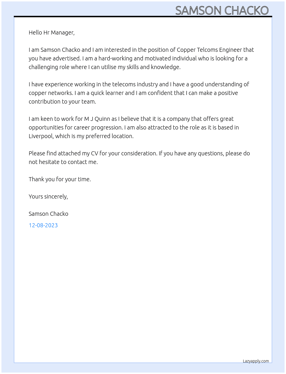 Copper Telcoms Engineer At M J Quinn Cover Letter