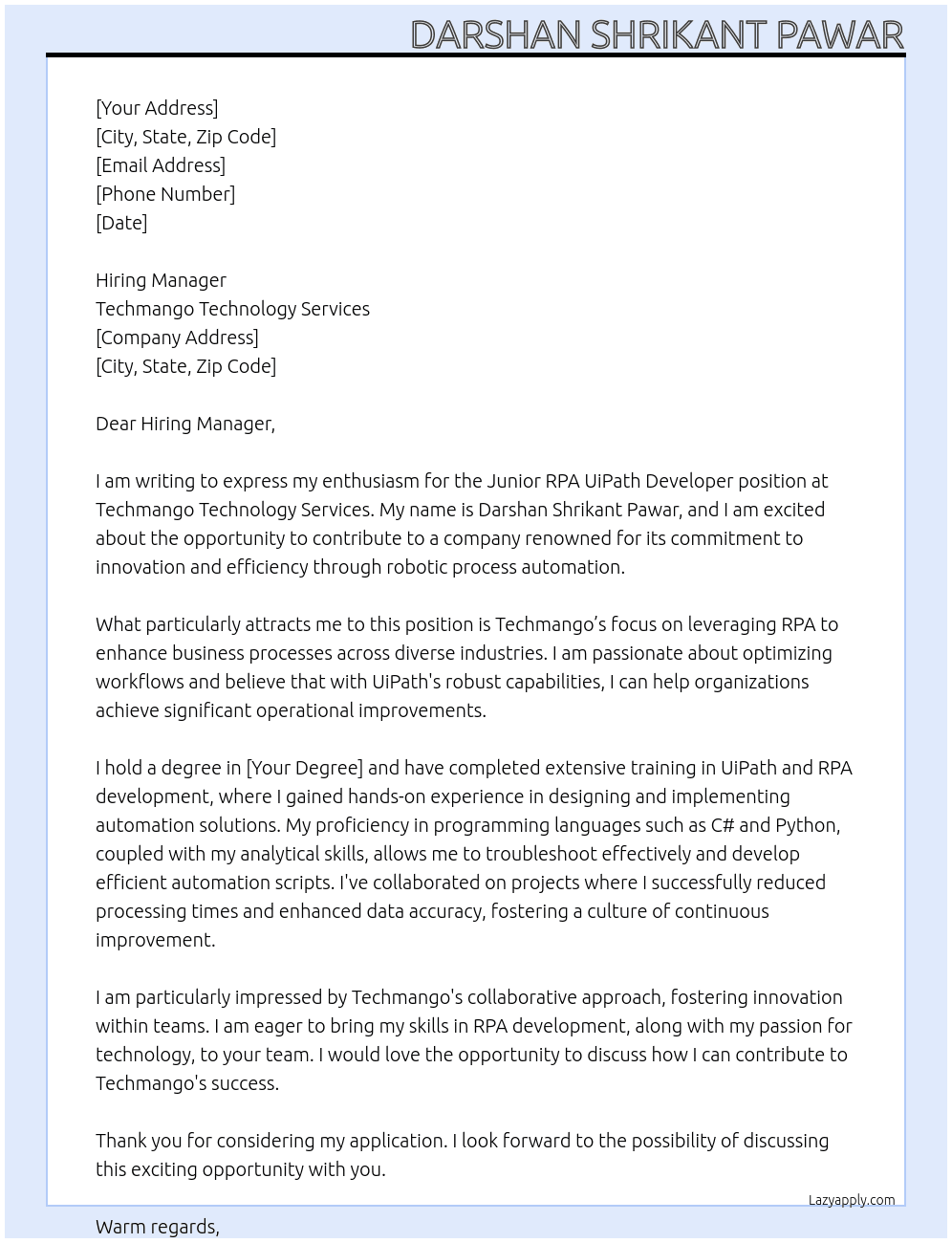 Junior RPA UiPath Developer At Techmango Technology Services Cover Letter