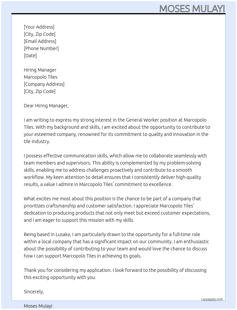 General Worker At Marcopolo Tiles Cover Letter