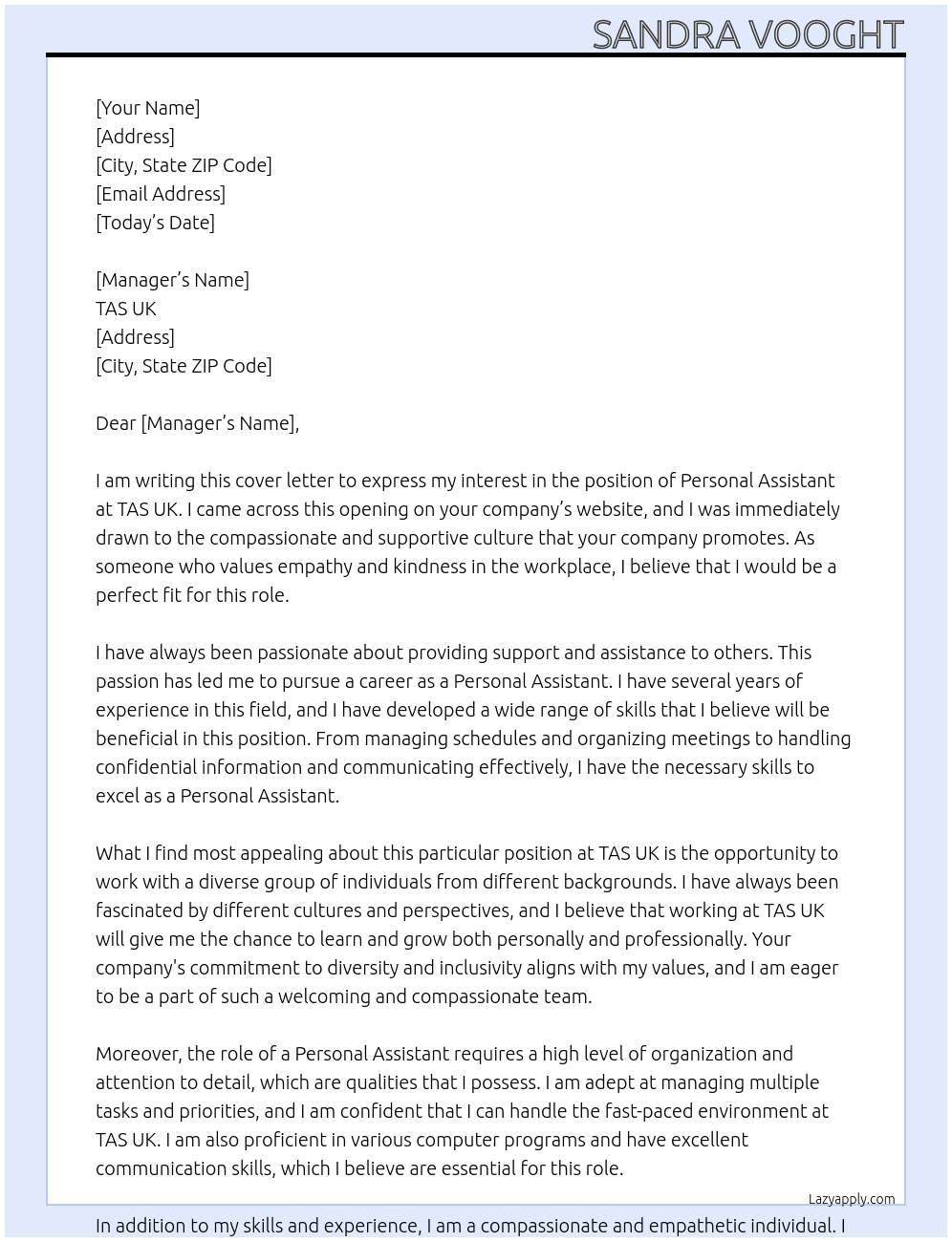 Personal Assistant At TAS UK Cover Letter