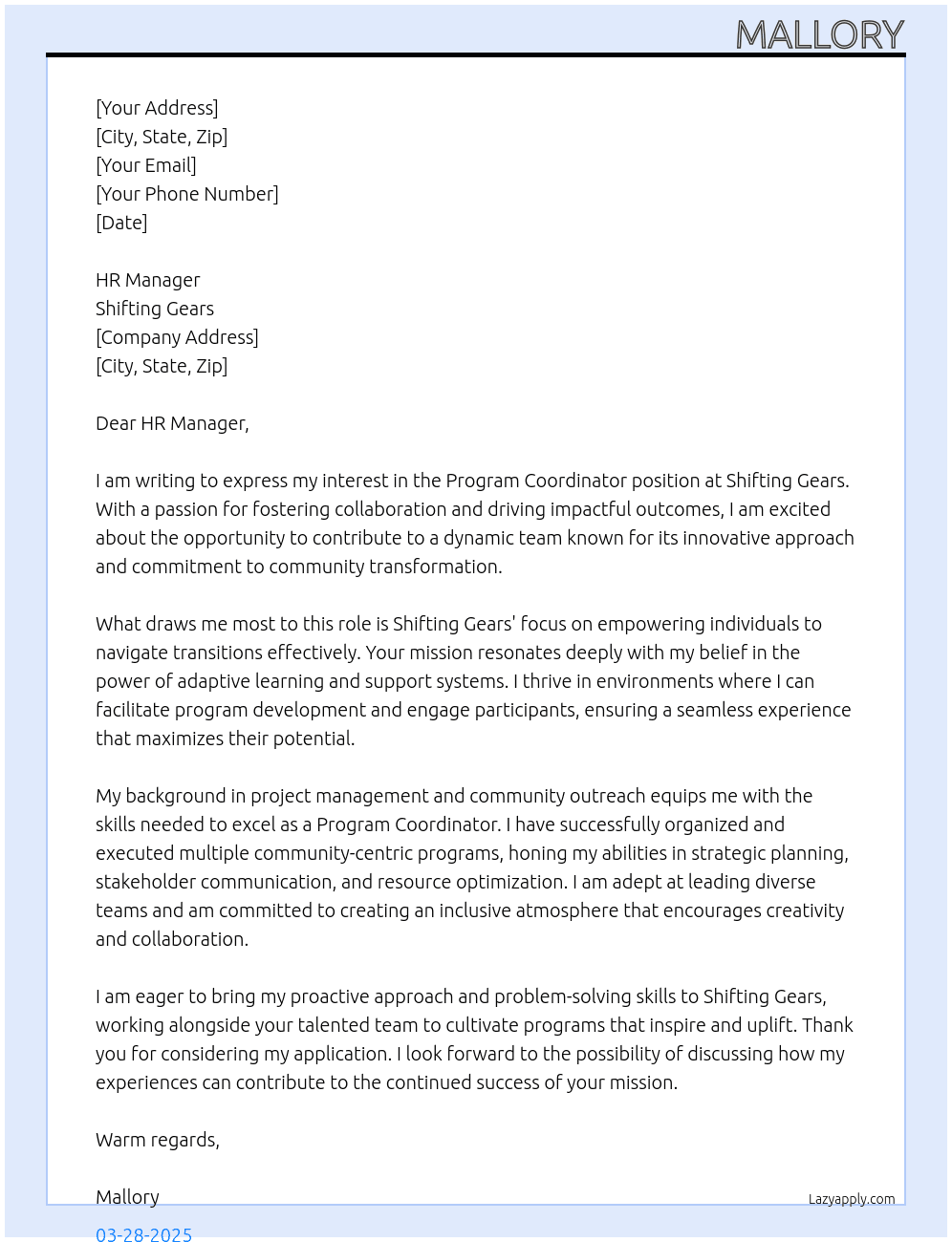 program coordinator At Shifting Gears  Cover Letter