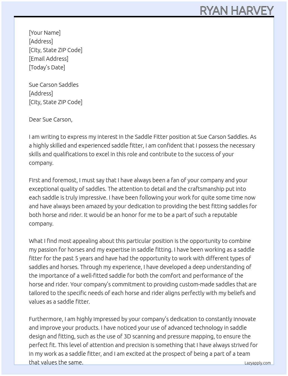 Saddle Fitter At Sue Carson Saddles Cover Letter