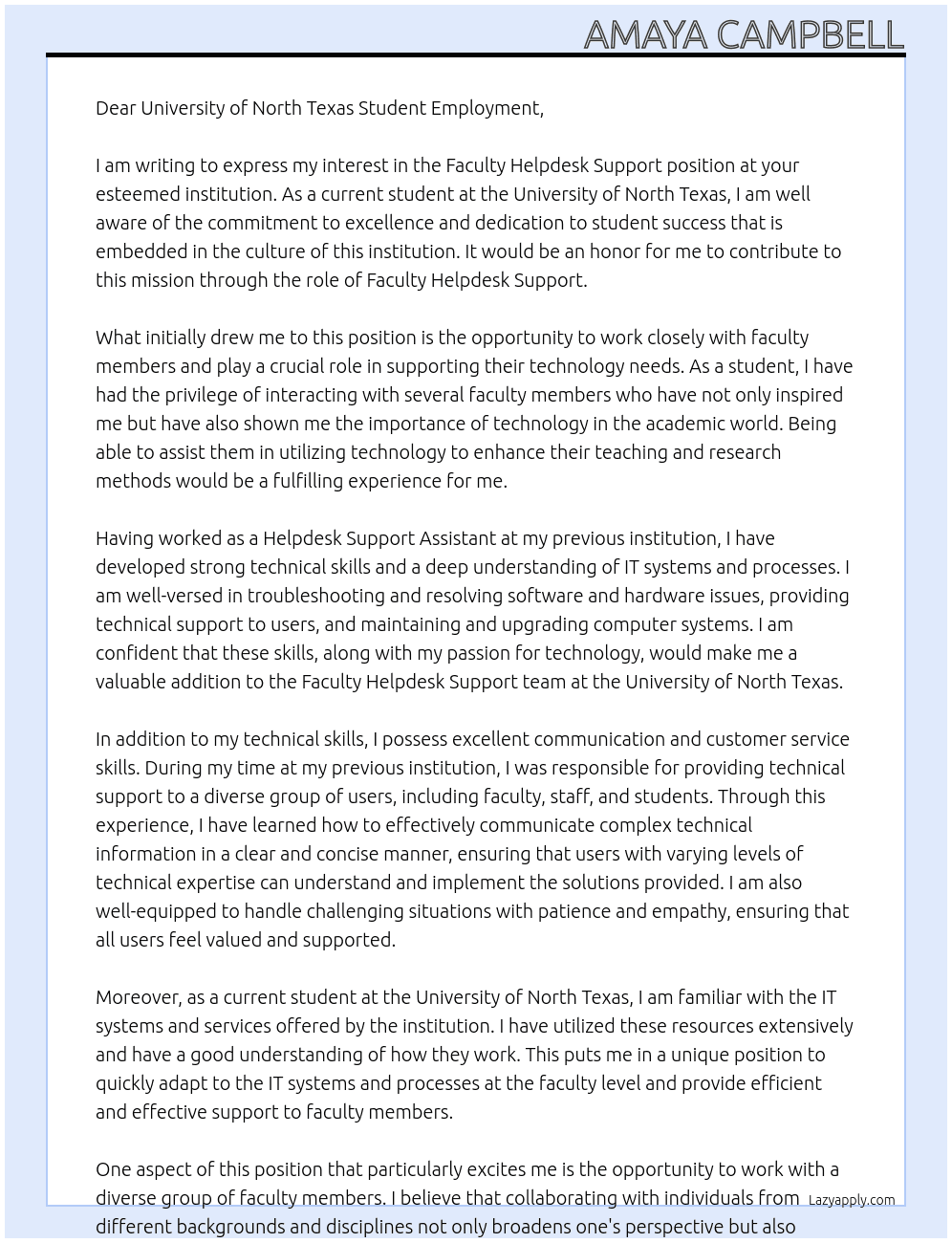 Faculty Helpdesk Support  At University of North Texas Student Employment  Cover Letter