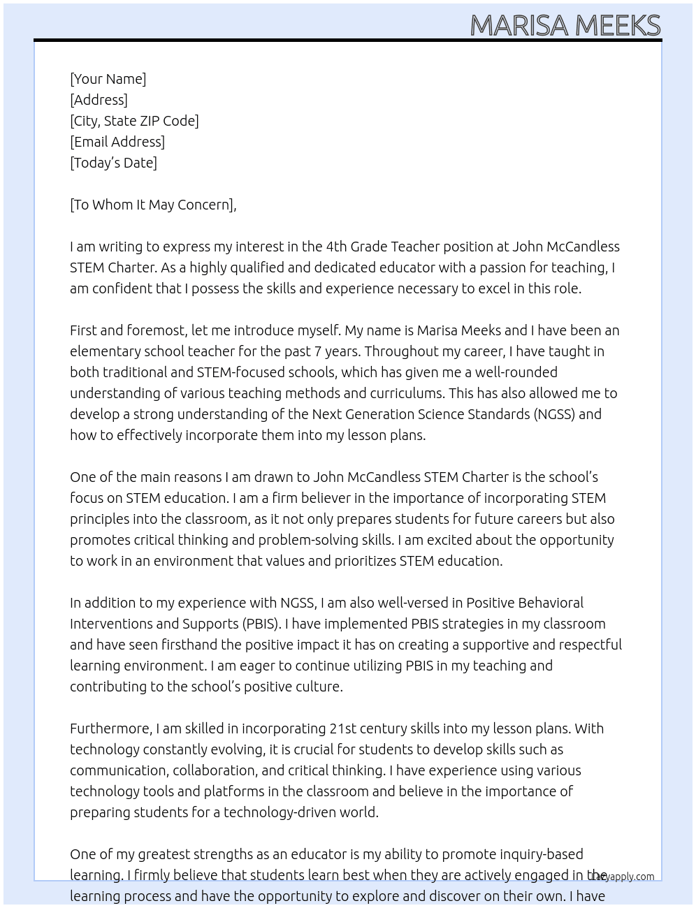4th Grade Teacher At John McCandless STEM Charter Cover Letter