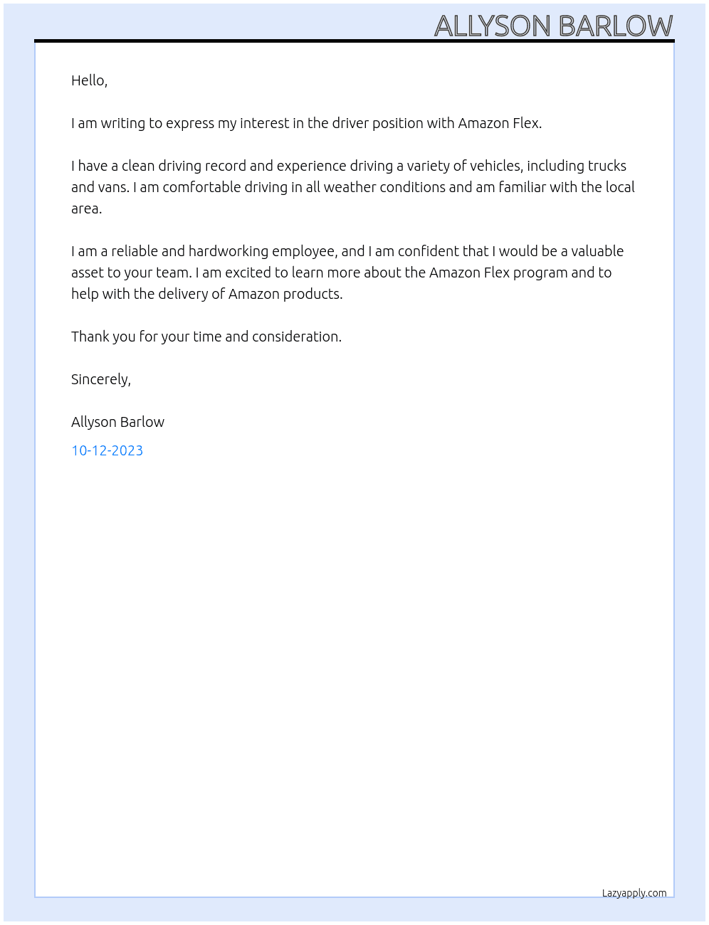 Driver At Amazon flex Cover Letter