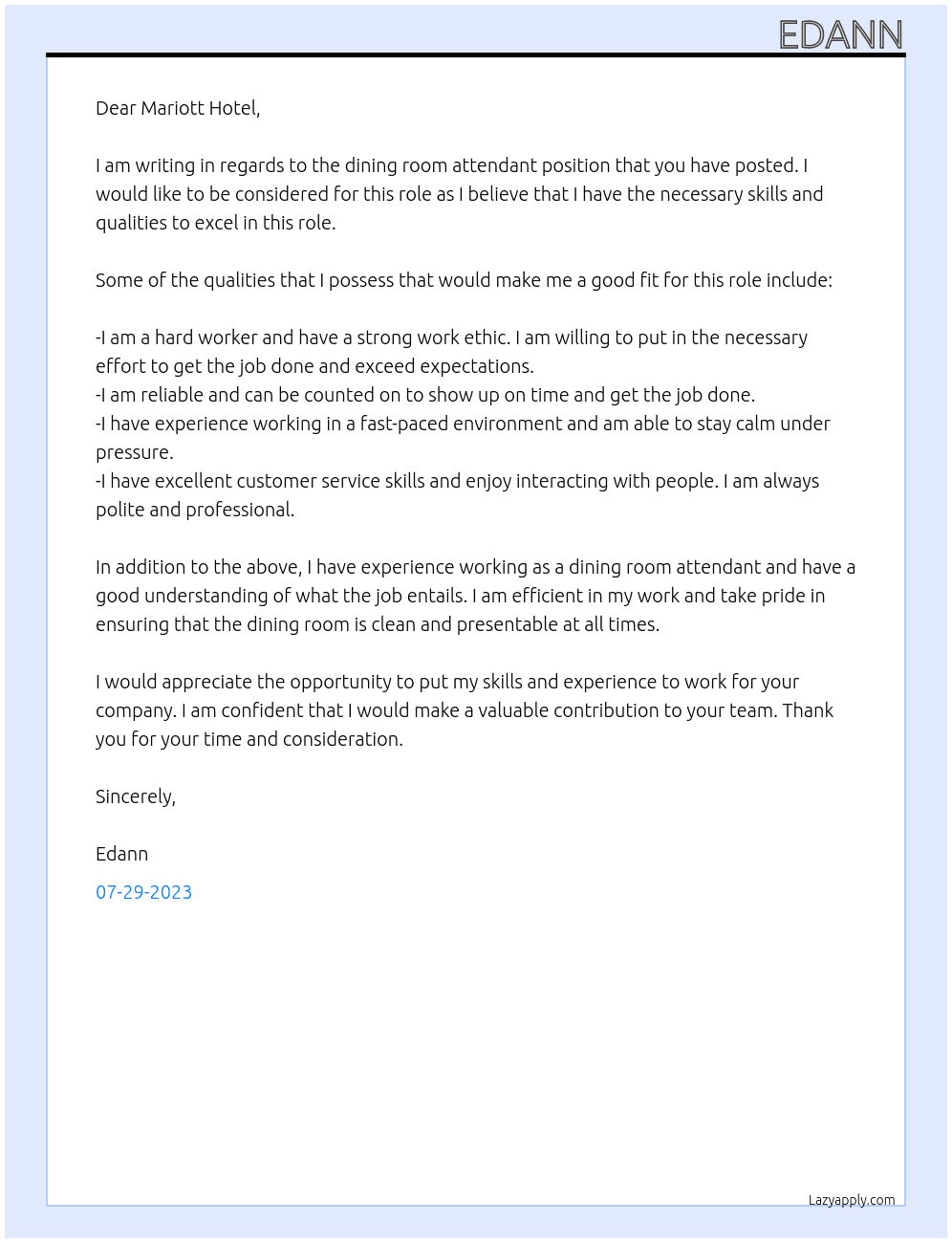 Dining room attendant At Dining room attendant Cover Letter