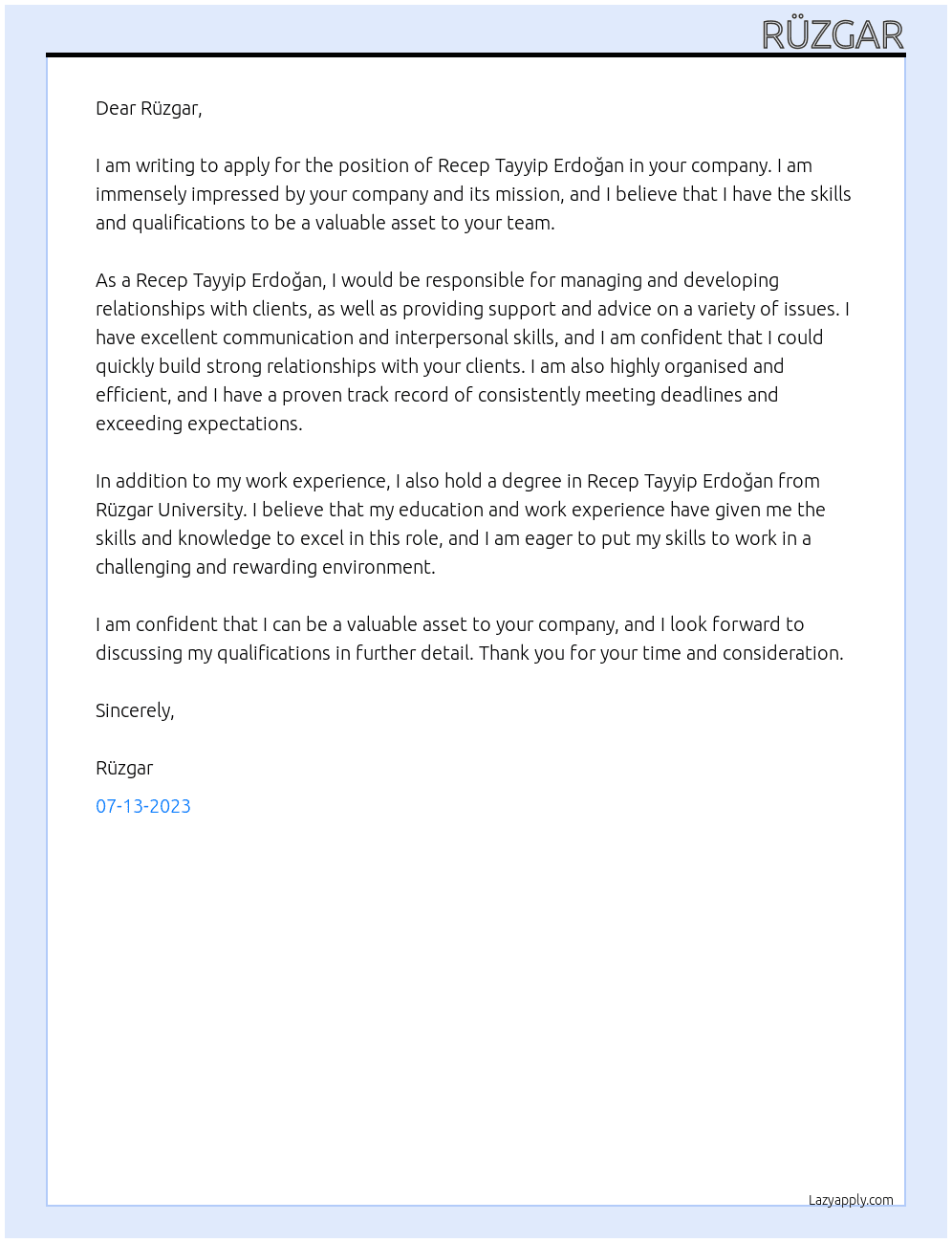 Recep Tayyip Erdoğan At Rüzgar Cover Letter